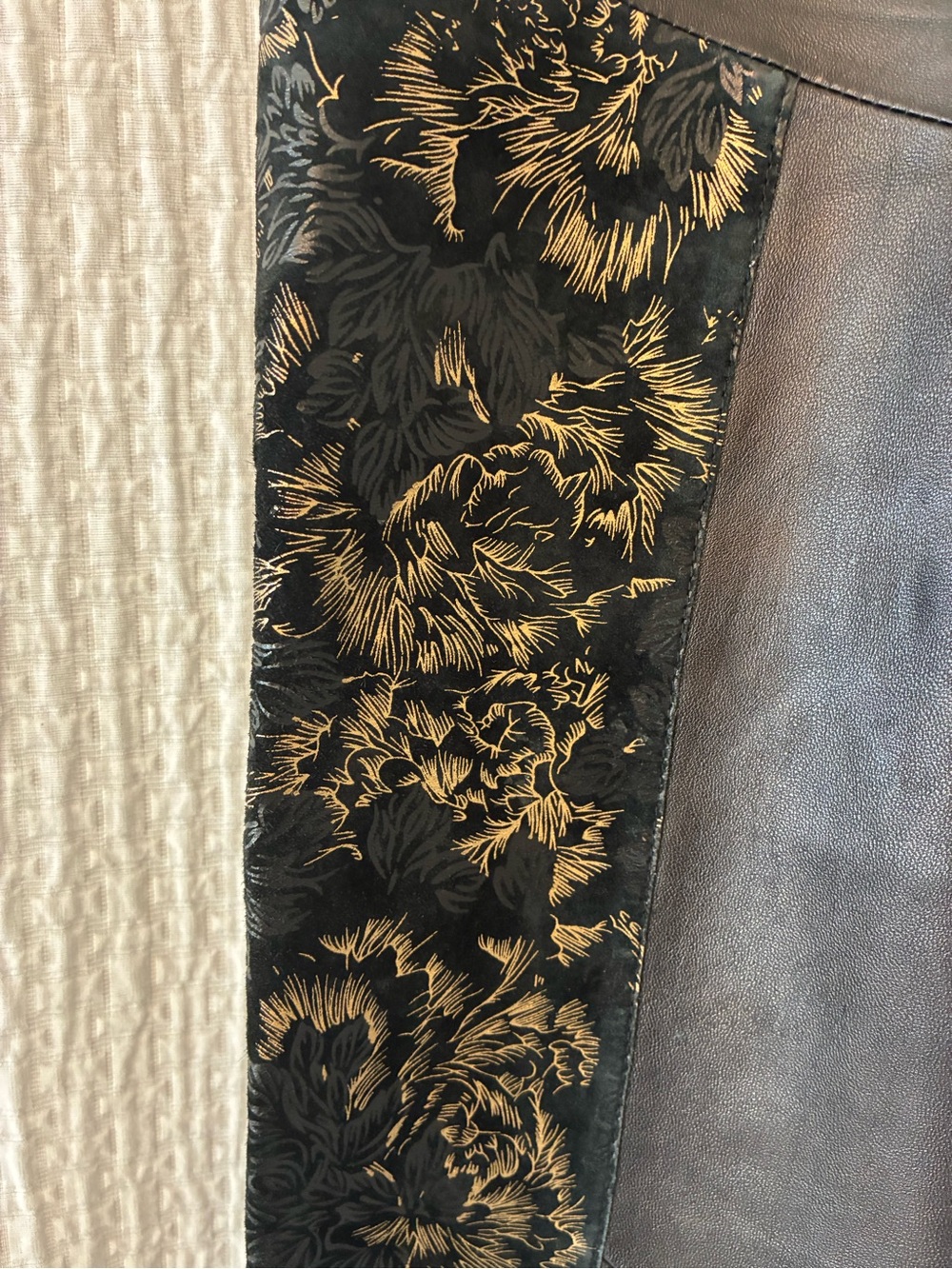 VTG Black Italian Leather Pants with Floral Brocade Side Panels - Picture 2 of 10